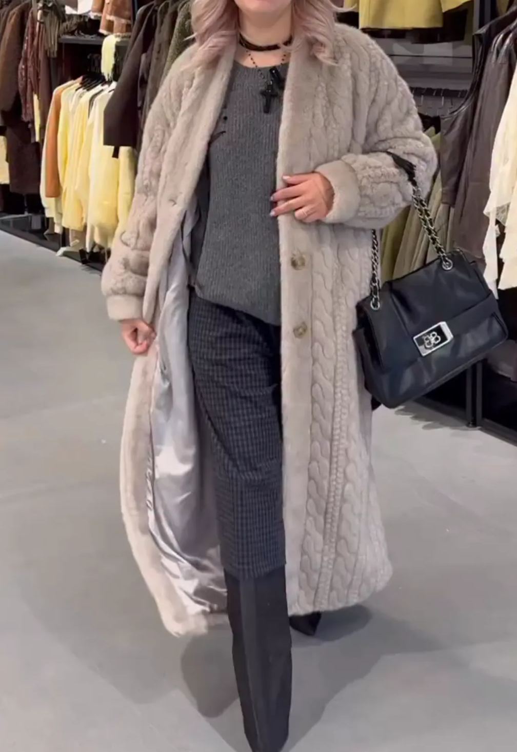 [Copy]Beige Knit Cardigan with Oversized Brown Faux Fur Panel Detail