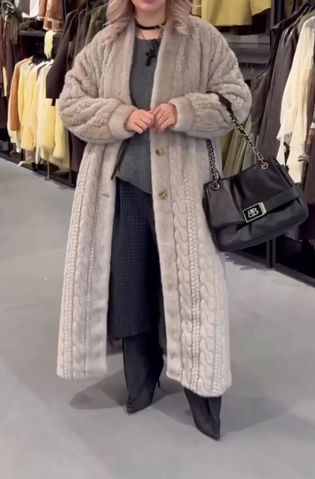 [Copy]Beige Knit Cardigan with Oversized Brown Faux Fur Panel Detail