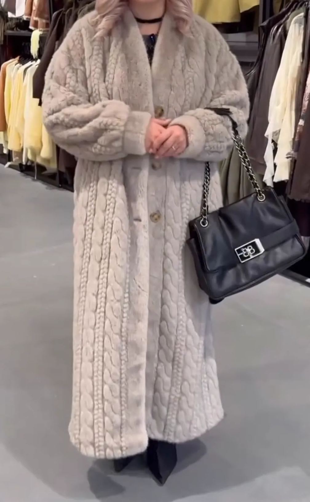 [Copy]Beige Knit Cardigan with Oversized Brown Faux Fur Panel Detail