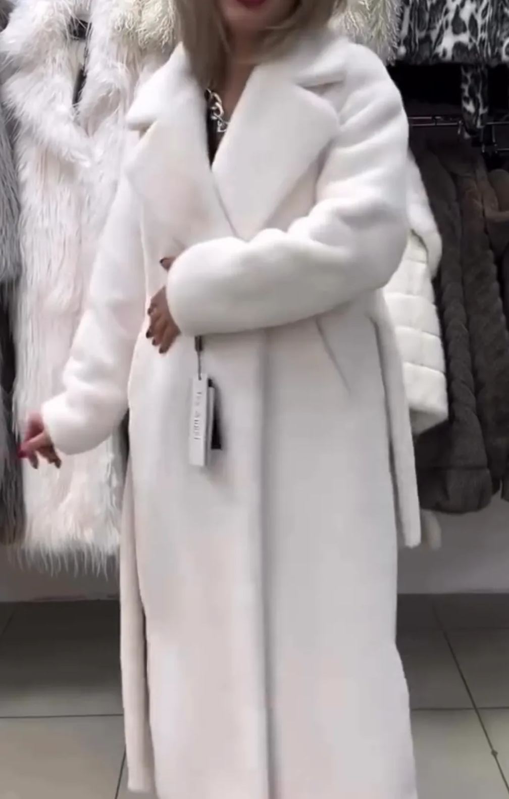 [Copy]Rust Red Longline Coat with Oversized Gray Faux Fur Panel Detail