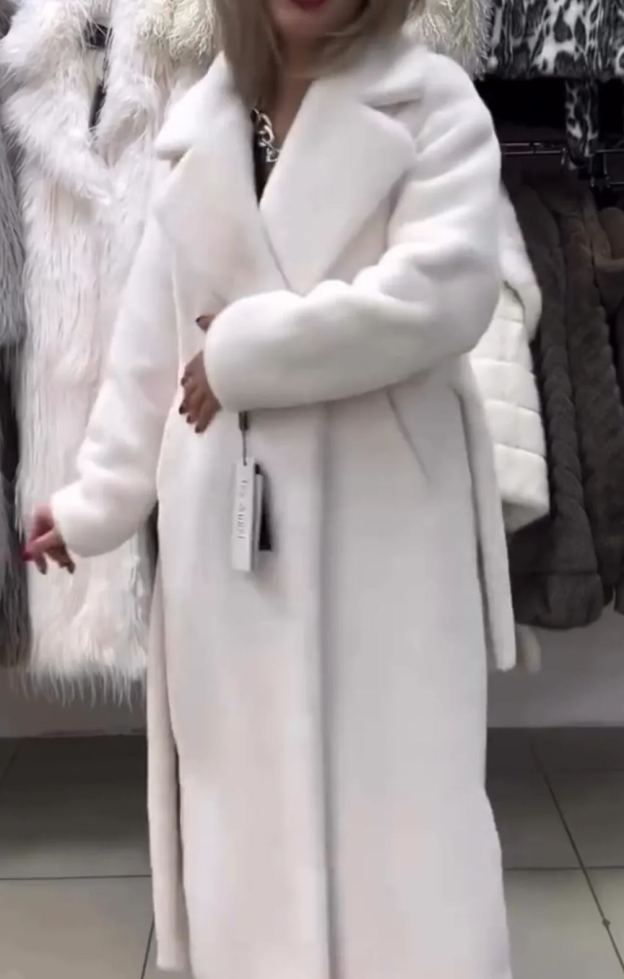 [Copy]Rust Red Longline Coat with Oversized Gray Faux Fur Panel Detail