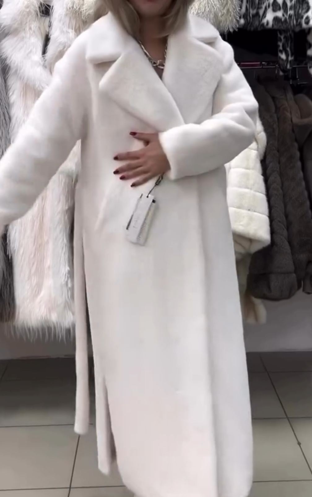 [Copy]Rust Red Longline Coat with Oversized Gray Faux Fur Panel Detail