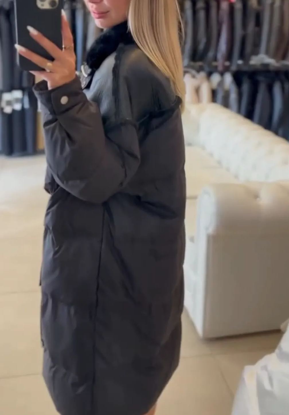 [Copy]Black Faux Leather Coat with Oversized Beige Faux Fur Hood & Cuff Trim