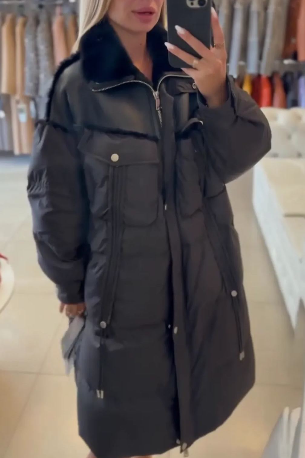 [Copy]Black Faux Leather Coat with Oversized Beige Faux Fur Hood & Cuff Trim