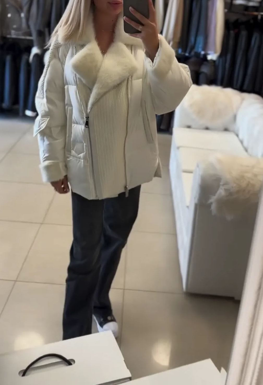 [Copy]Black Faux Leather Coat with Oversized Black Faux Fur Hood Trim