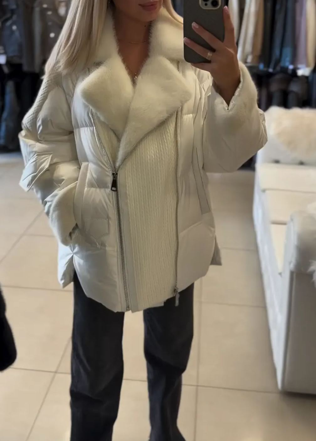 [Copy]Black Faux Leather Coat with Oversized Black Faux Fur Hood Trim