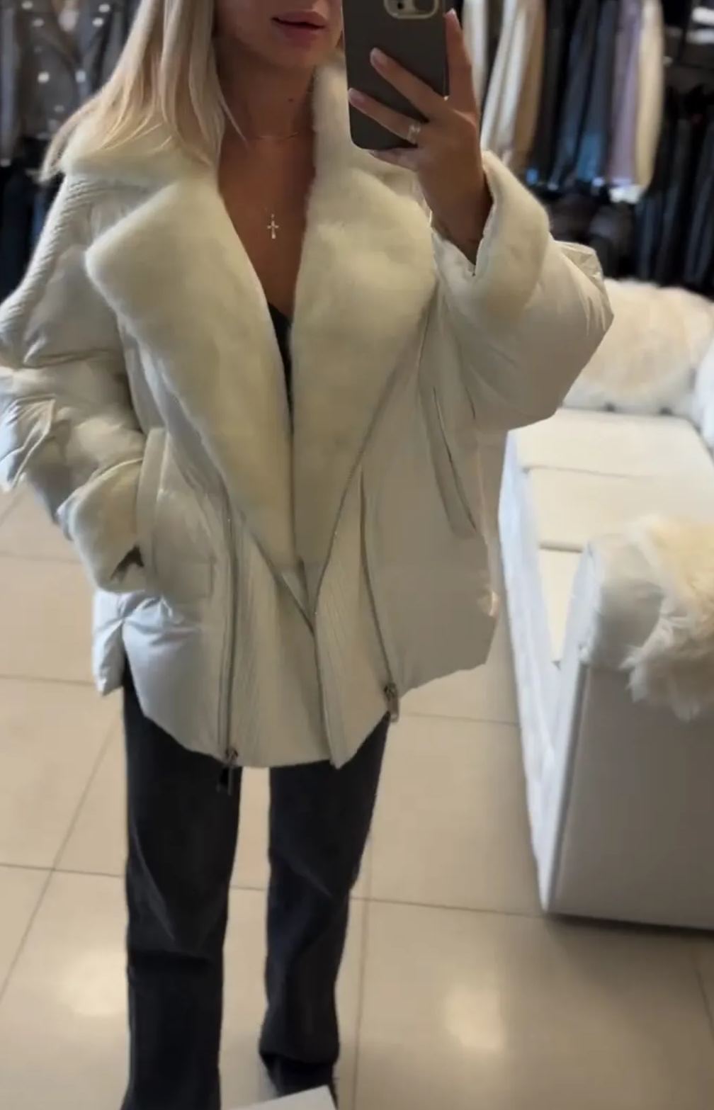 [Copy]Black Faux Leather Coat with Oversized Black Faux Fur Hood Trim
