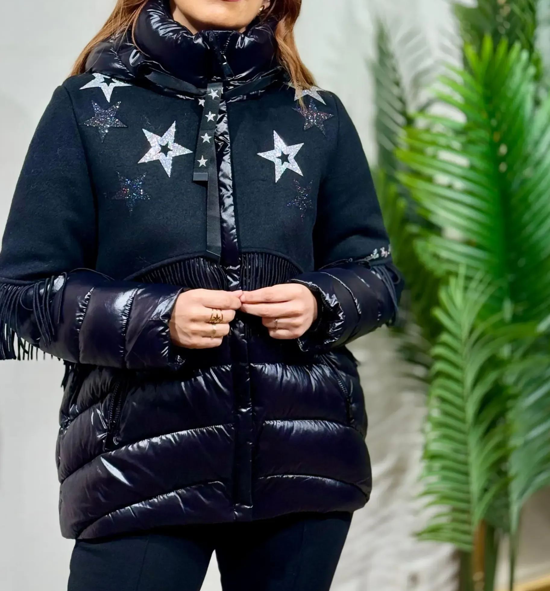 [Copy]Metallic Gold Puffer Jacket with Beige Faux Fur Hood & Cuff Trim