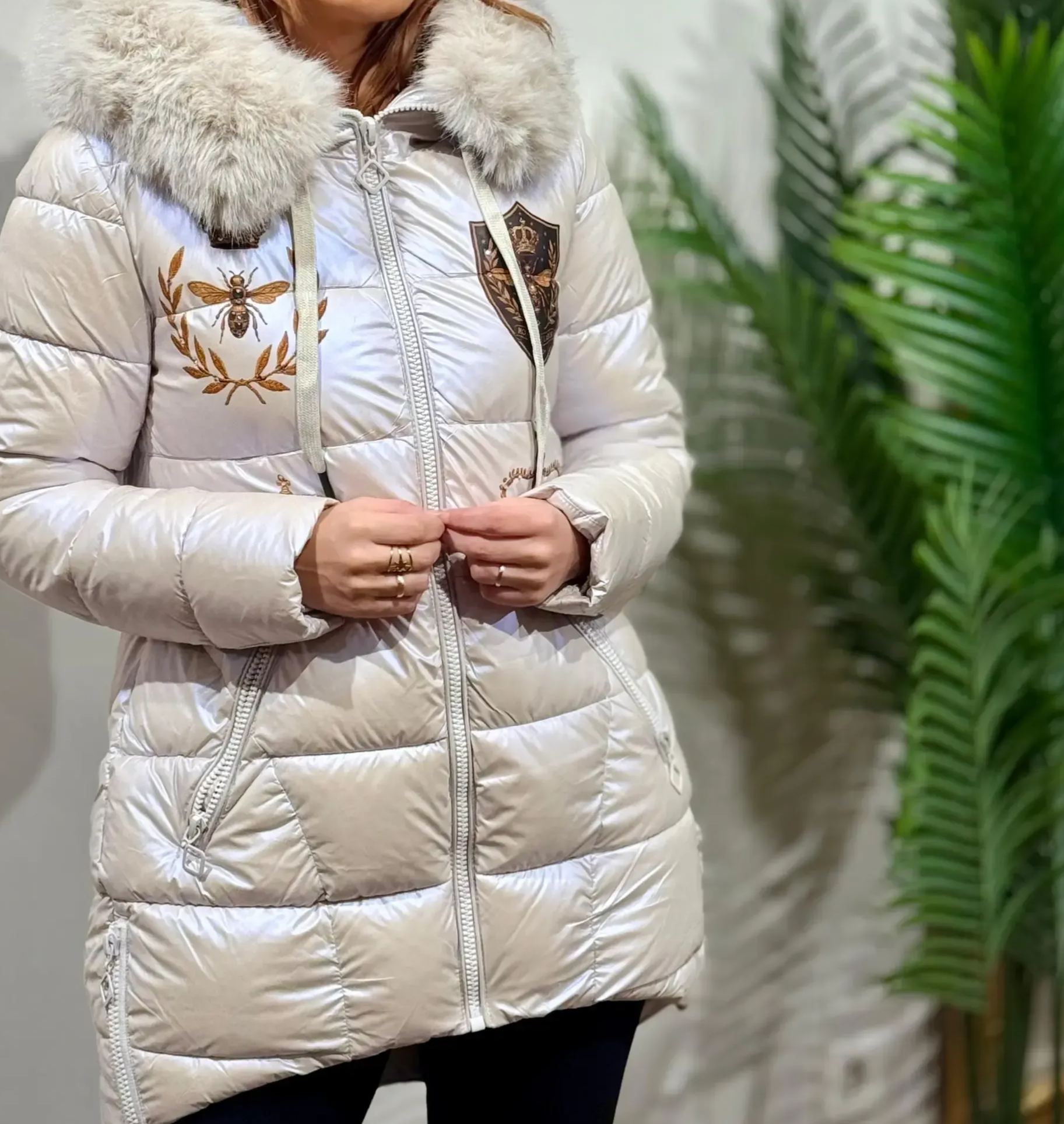 Pale Silver Puffer Coat with Faux Fur Hood & Embroidered Crest/Bees Detail
