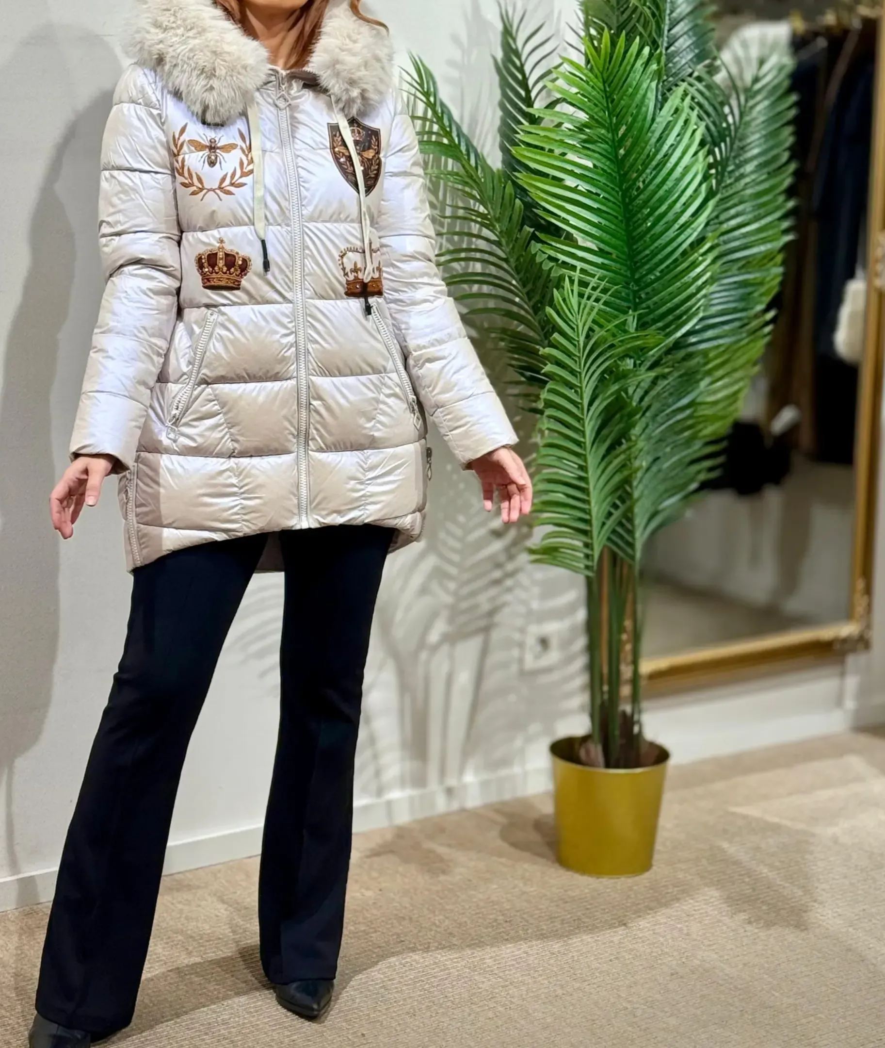 Pale Silver Puffer Coat with Faux Fur Hood & Embroidered Crest/Bees Detail
