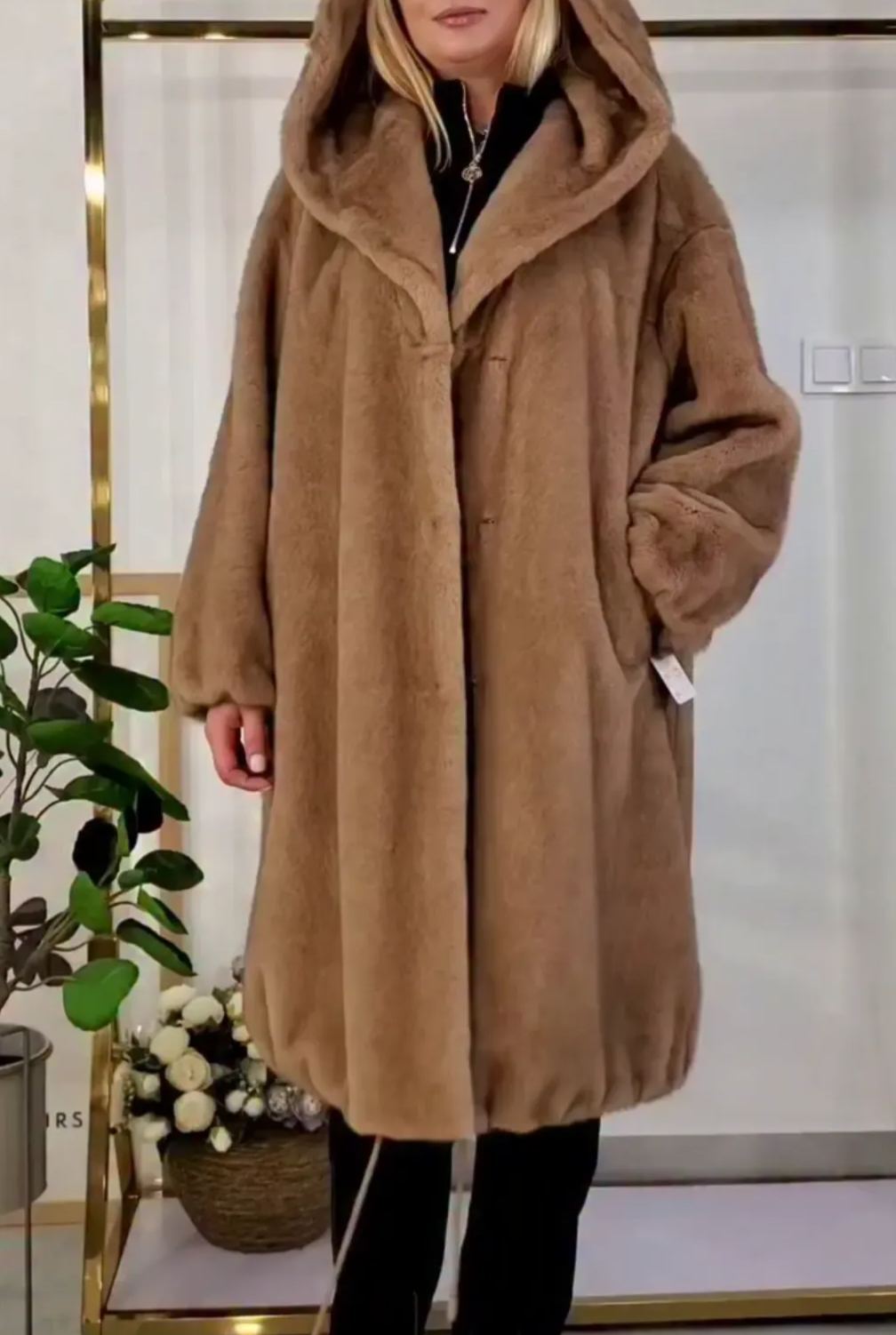 [Copy]Olive Gray Puffer Coat with Oversized Black Faux Fur Hood & Contrast Stitching