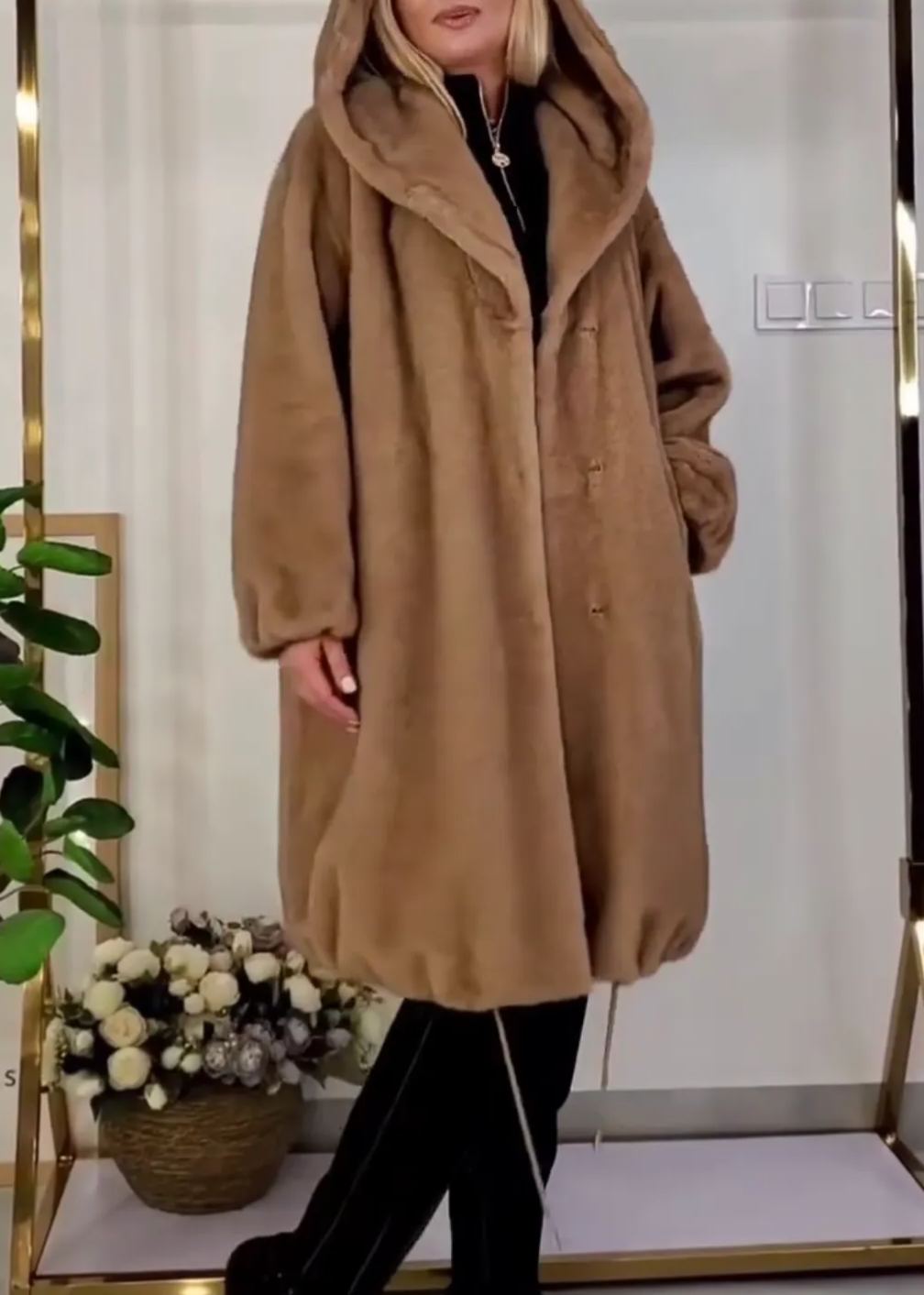 [Copy]Olive Gray Puffer Coat with Oversized Black Faux Fur Hood & Contrast Stitching