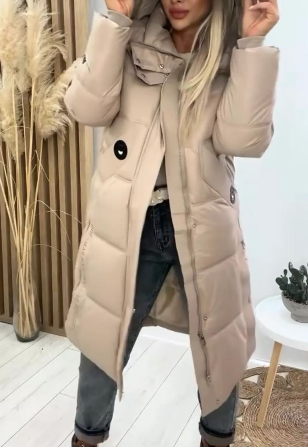 [Copy]Tan Faux Fur Longline Hooded Coat (Oversized Silhouette)