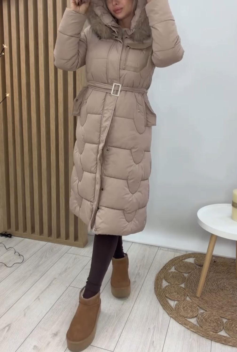 [Copy]Beige Longline Puffer Coat with Hood & Brand Patch Detail