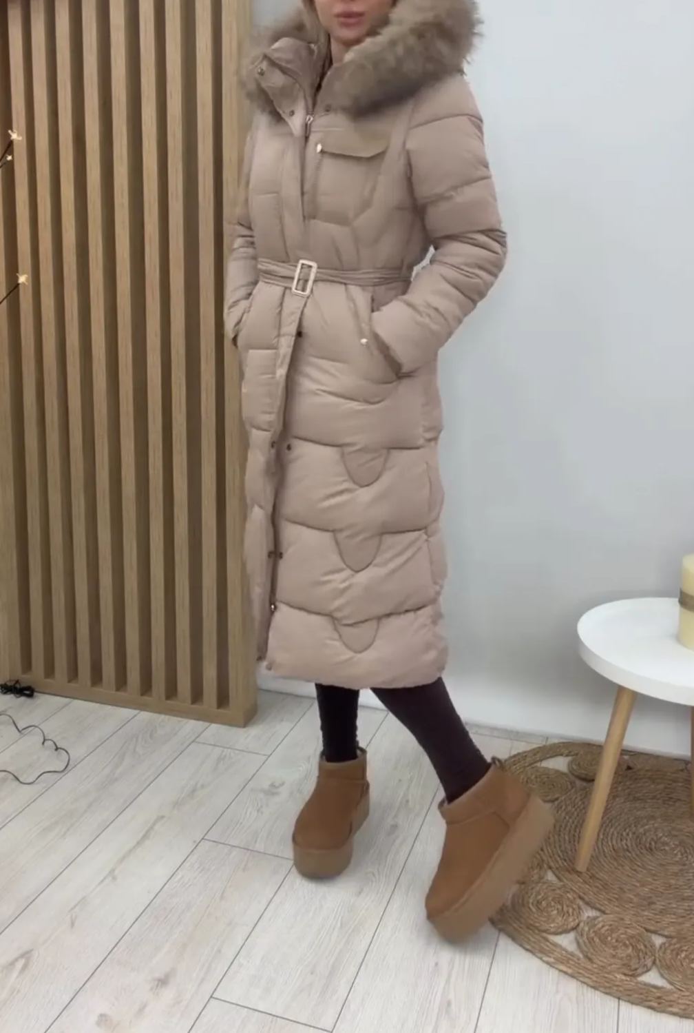 [Copy]Beige Longline Puffer Coat with Hood & Brand Patch Detail