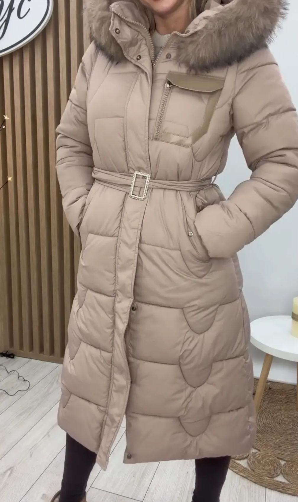 [Copy]Beige Longline Puffer Coat with Hood & Brand Patch Detail