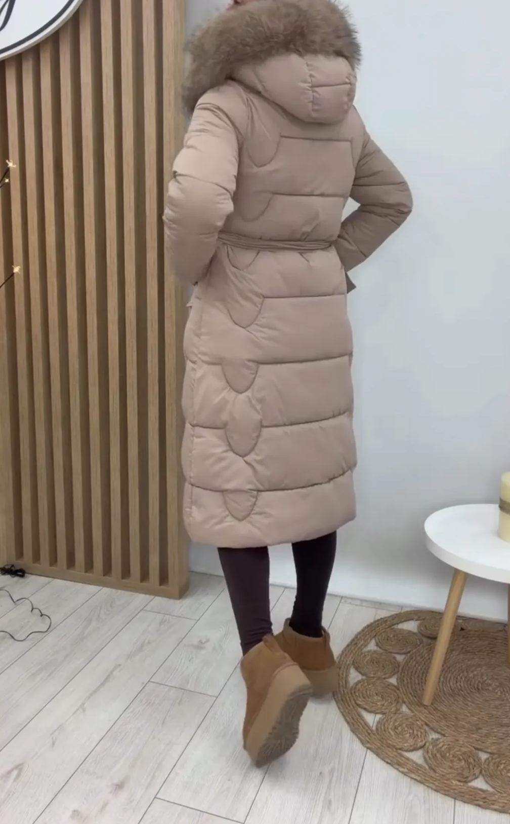 [Copy]Beige Longline Puffer Coat with Hood & Brand Patch Detail