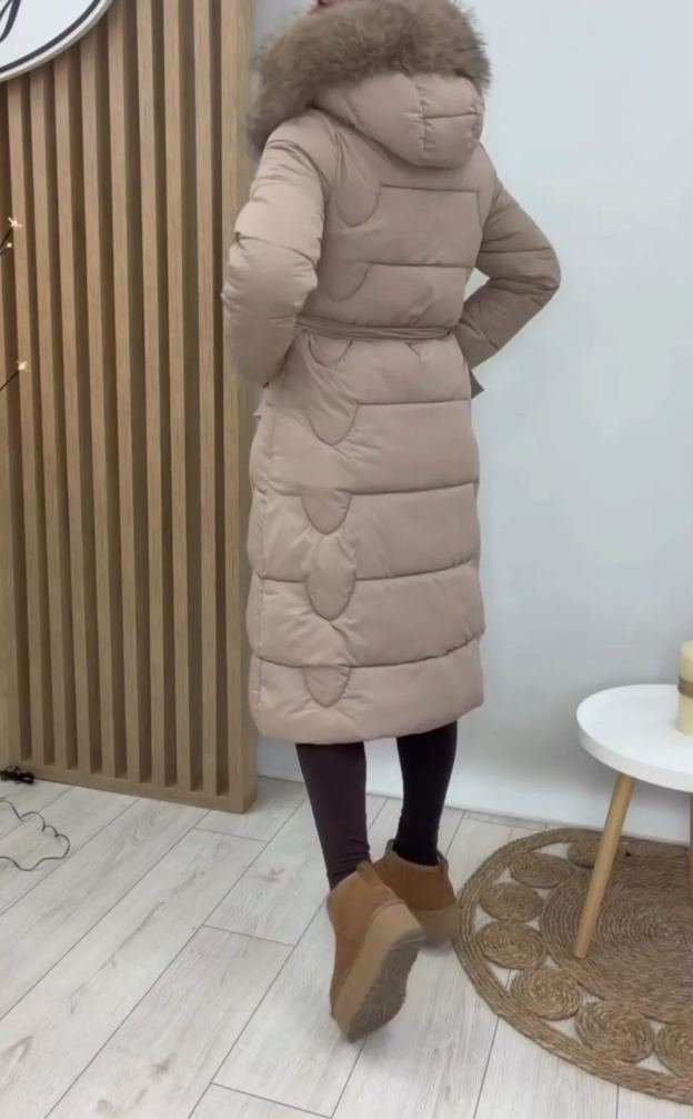 [Copy]Beige Longline Puffer Coat with Hood & Brand Patch Detail