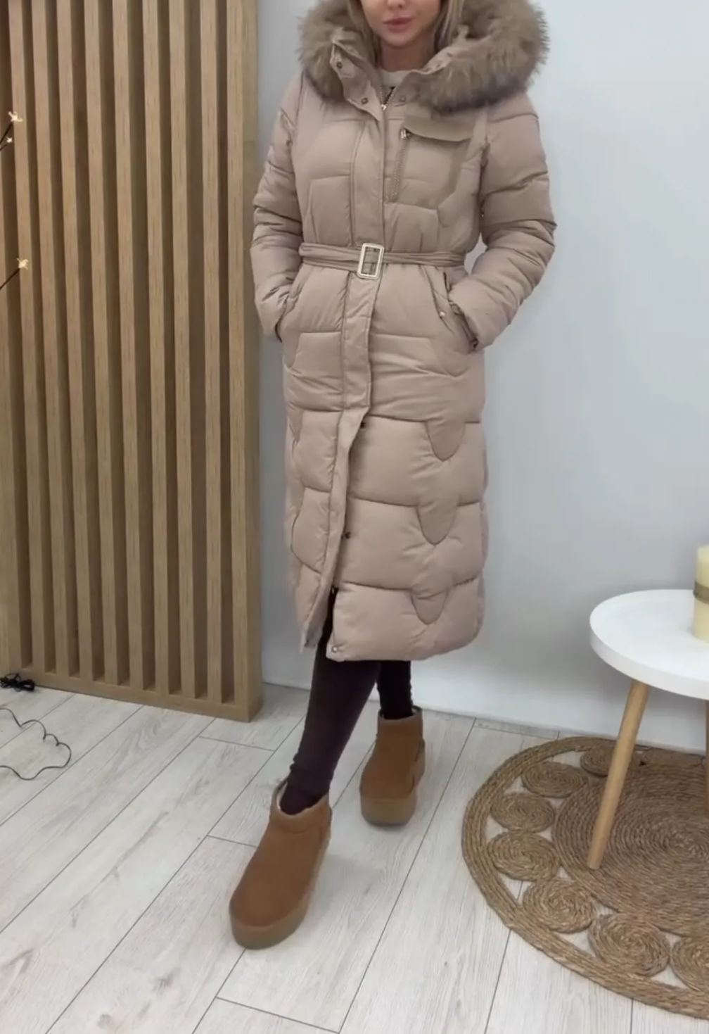 [Copy]Beige Longline Puffer Coat with Hood & Brand Patch Detail