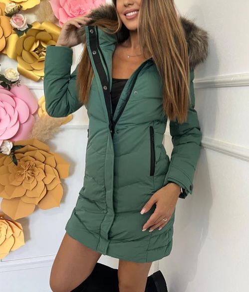 [Copy]Black quilted down jacket with oversized black faux fur hood