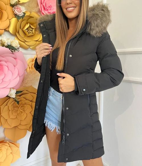 [Copy]Black quilted down jacket with oversized black faux fur hood