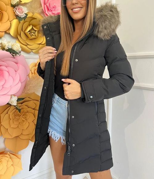 [Copy]Black quilted down jacket with oversized black faux fur hood