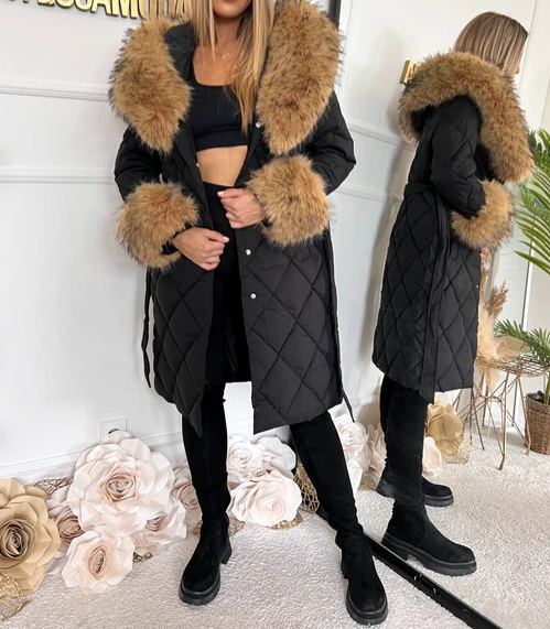 [Copy]Long down jacket with faux fur hood and adjustable cuffs