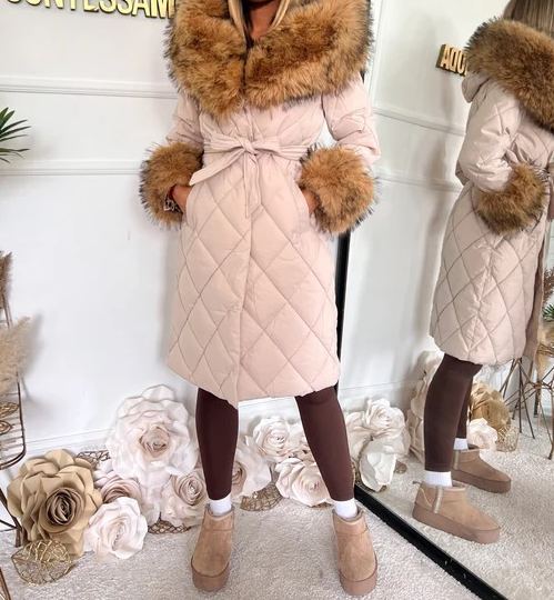 [Copy]Long down jacket with faux fur hood and adjustable cuffs