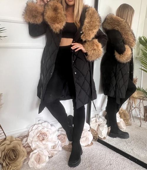[Copy]Long down jacket with faux fur hood and adjustable cuffs