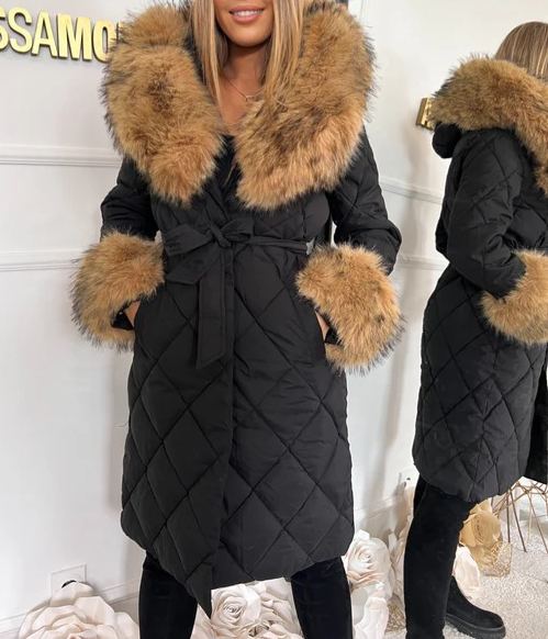 [Copy]Long down jacket with faux fur hood and adjustable cuffs