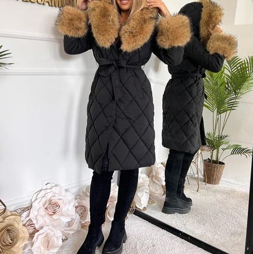 [Copy]Long down jacket with faux fur hood and adjustable cuffs