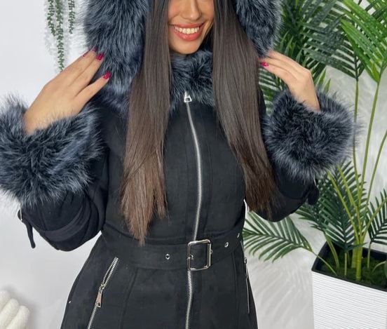 [Copy]Black Quilted Puffer Coat with Charcoal Faux Fur Hood/Cuffs & Belted Waist