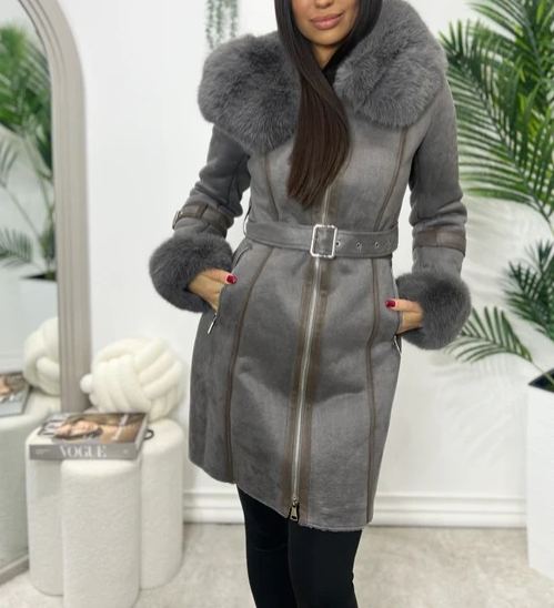 [Copy]Black Quilted Puffer Coat with Charcoal Faux Fur Hood/Cuffs & Belted Waist
