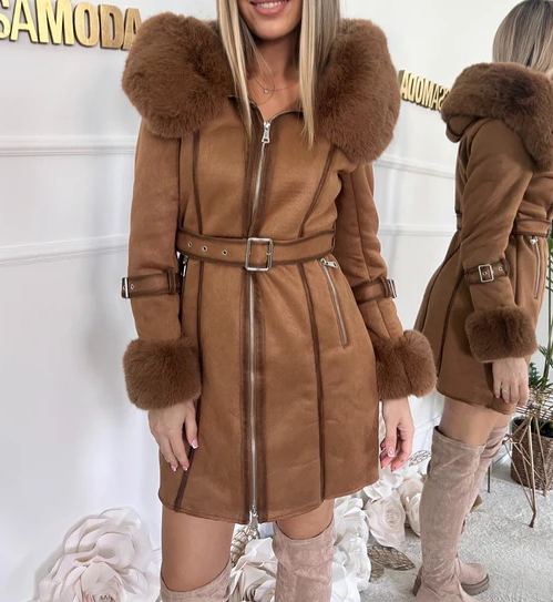 [Copy]Black Quilted Puffer Coat with Charcoal Faux Fur Hood/Cuffs & Belted Waist