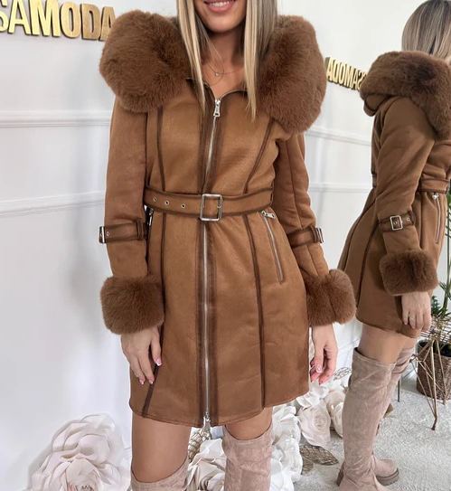 [Copy]Black Quilted Puffer Coat with Charcoal Faux Fur Hood/Cuffs & Belted Waist