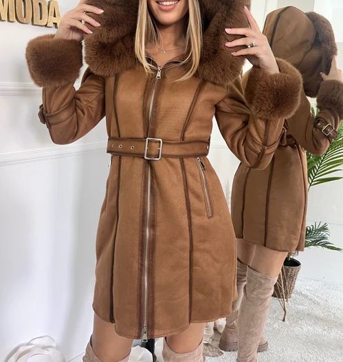 [Copy]Black Quilted Puffer Coat with Charcoal Faux Fur Hood/Cuffs & Belted Waist