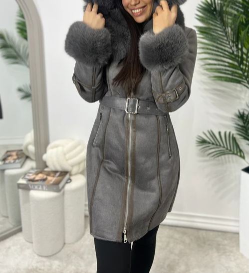 [Copy]Black Quilted Puffer Coat with Charcoal Faux Fur Hood/Cuffs & Belted Waist