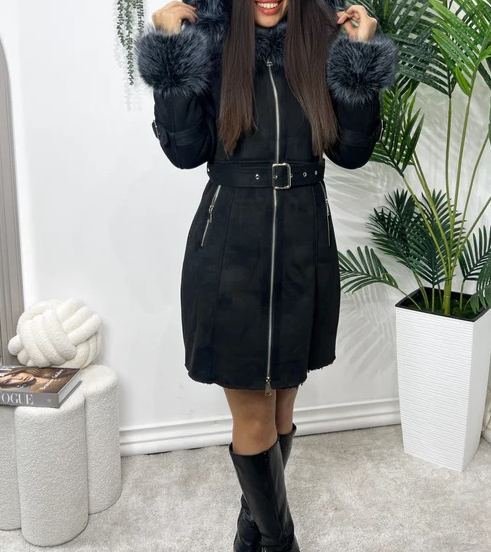[Copy]Black Quilted Puffer Coat with Charcoal Faux Fur Hood/Cuffs & Belted Waist