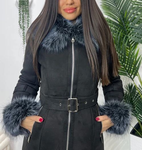 [Copy]Black Quilted Puffer Coat with Charcoal Faux Fur Hood/Cuffs & Belted Waist