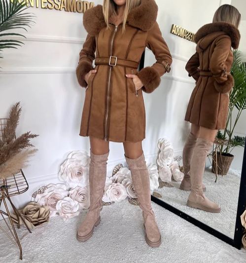 [Copy]Black Quilted Puffer Coat with Charcoal Faux Fur Hood/Cuffs & Belted Waist