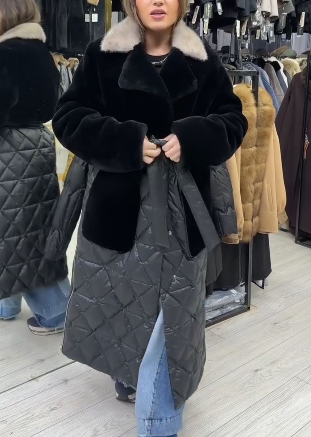[Copy]Taupe Longline Puffer Coat with Branded Tape Detail & Adjustable Hood
