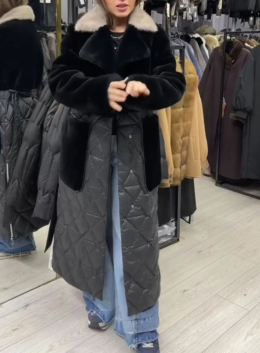 [Copy]Taupe Longline Puffer Coat with Branded Tape Detail & Adjustable Hood