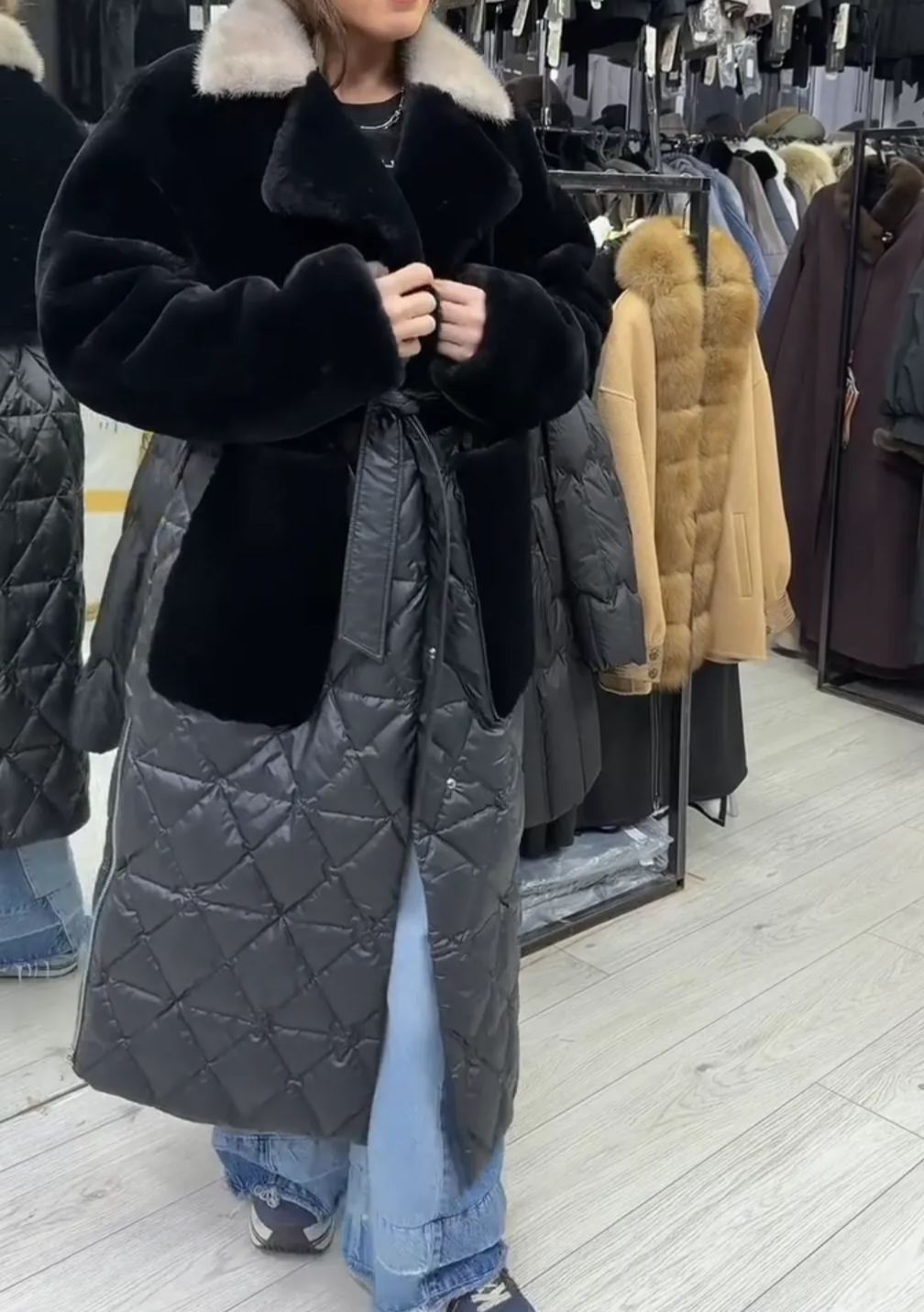 [Copy]Taupe Longline Puffer Coat with Branded Tape Detail & Adjustable Hood