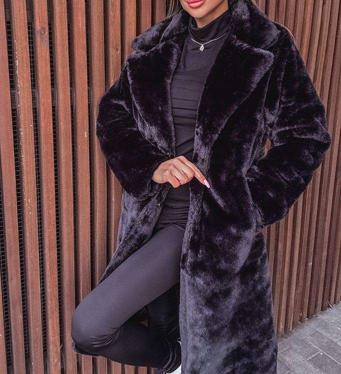 [Copy]Black & White Marbled Faux Fur Hooded Coat with Branded Embroidery Detail