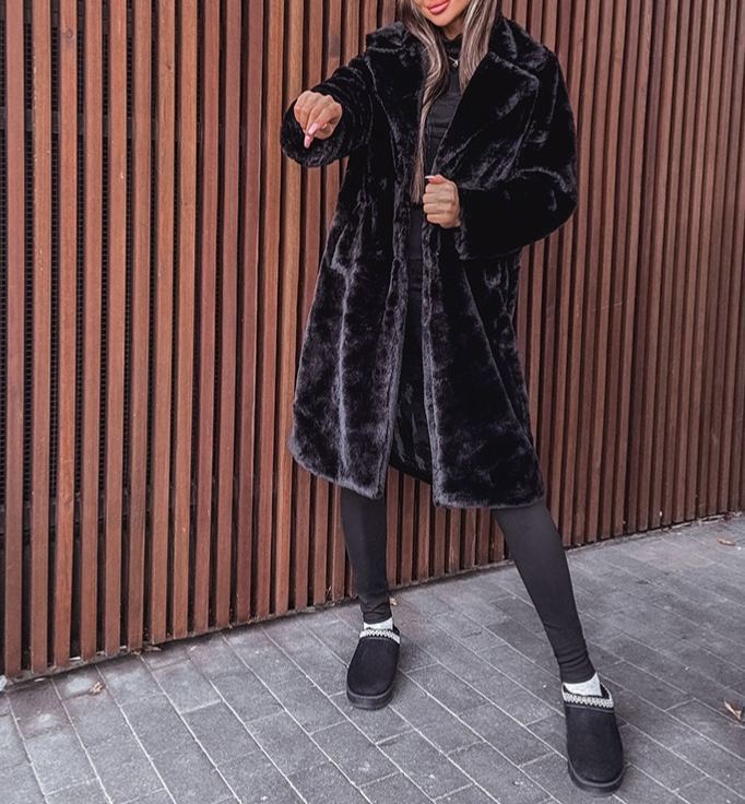 [Copy]Black & White Marbled Faux Fur Hooded Coat with Branded Embroidery Detail