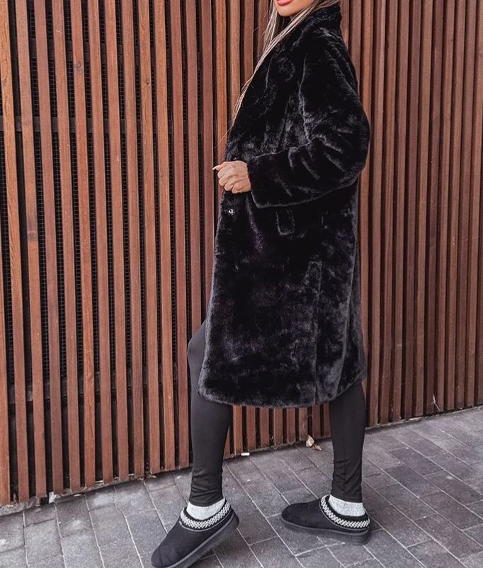 [Copy]Black & White Marbled Faux Fur Hooded Coat with Branded Embroidery Detail