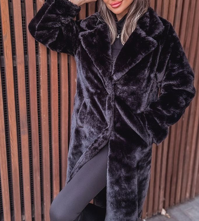 [Copy]Black & White Marbled Faux Fur Hooded Coat with Branded Embroidery Detail