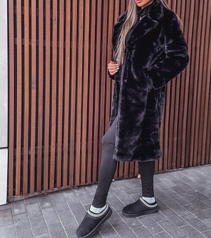 [Copy]Black & White Marbled Faux Fur Hooded Coat with Branded Embroidery Detail
