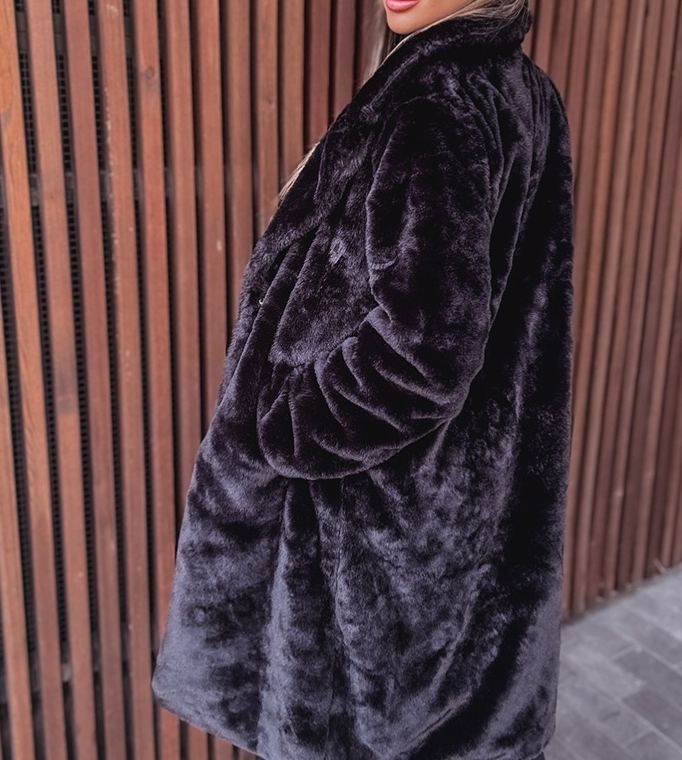 [Copy]Black & White Marbled Faux Fur Hooded Coat with Branded Embroidery Detail