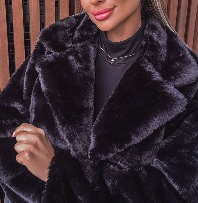 [Copy]Black & White Marbled Faux Fur Hooded Coat with Branded Embroidery Detail